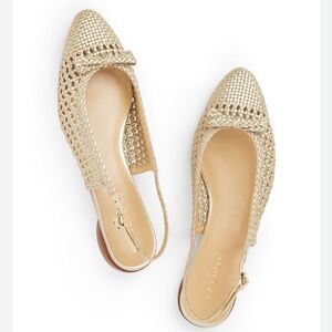 Talbots EDNA Metallic Gold Woven Faux Leather Pointed Toe Slingback Flat Sandals